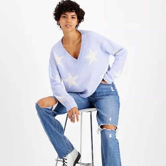 Pink rose blue star sweater V-neck soft crop long sleeve top